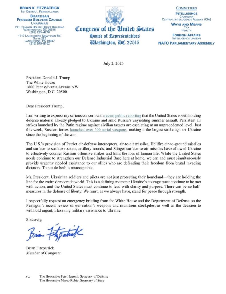 Фото: лист конгресмена Браяна Фіцпатріка